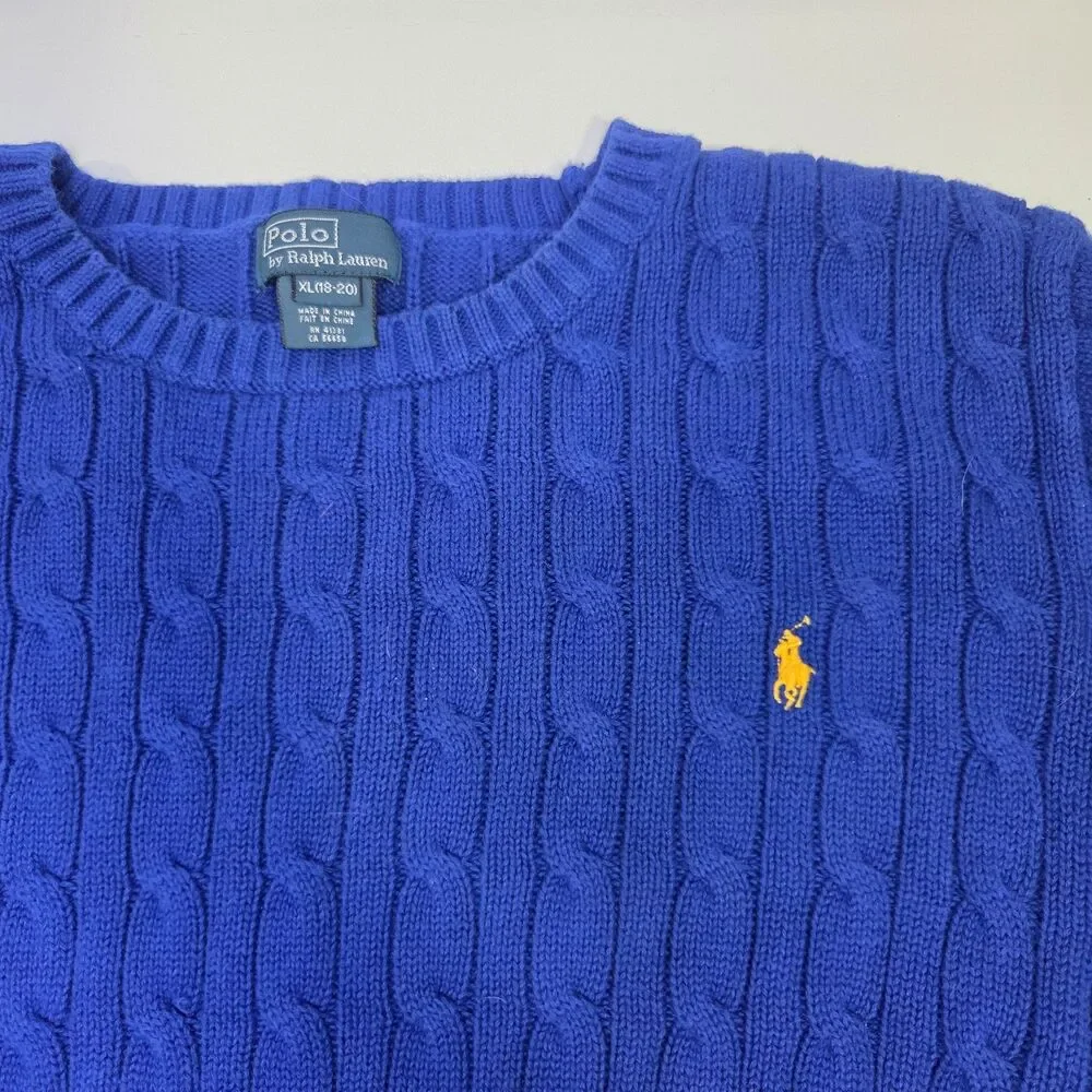 Polo Ralph Lauren Boys Cable Knit Cotton Sweater Roval Blue XL Crew Neck
